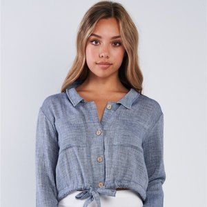 Denim Drawstring Button Up Crop Top